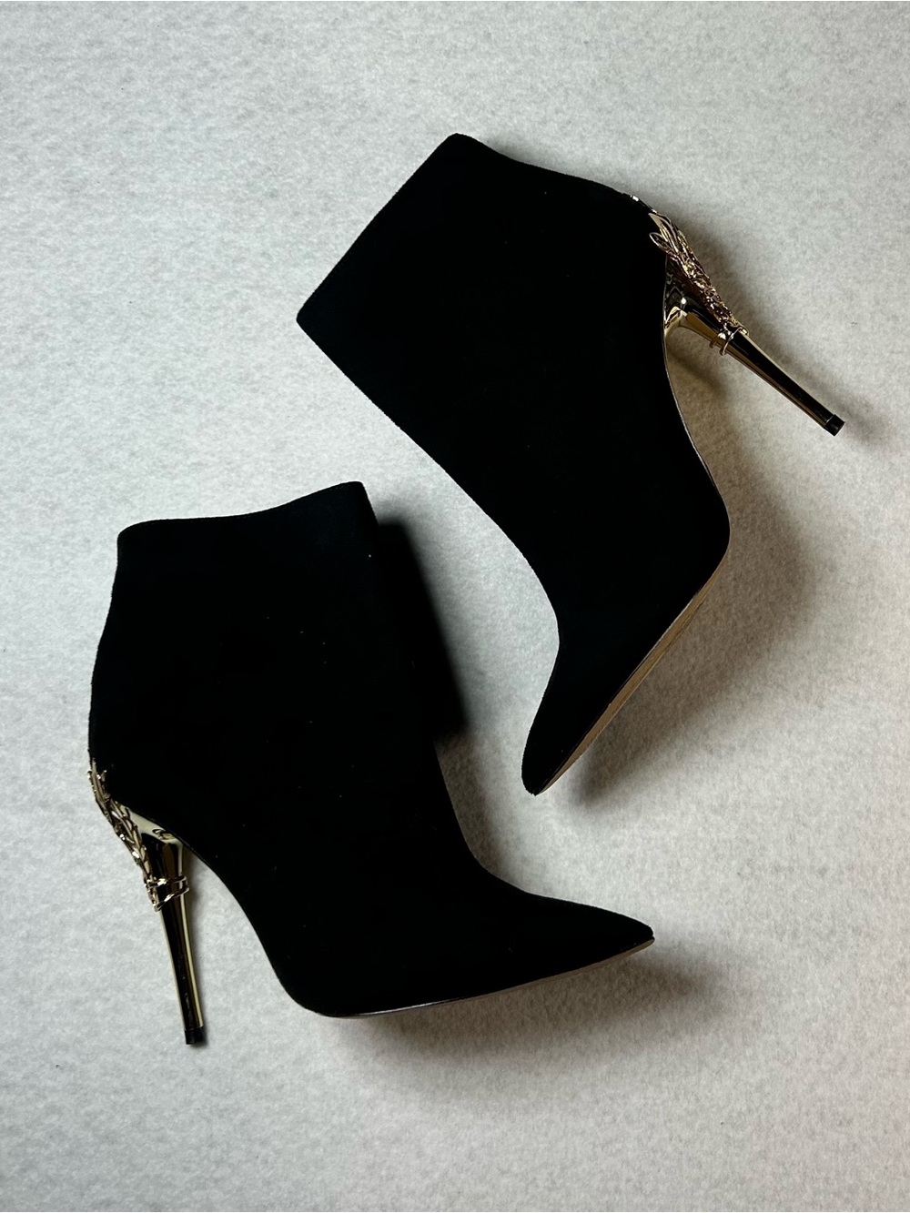 Ornate Black Suede velvet Pointed Ankle Booties with Gold Sculpted Heel